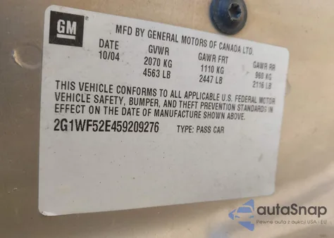 2005 Chevrolet Impala from USA, damaged, VIN 2G1WF52E459209276